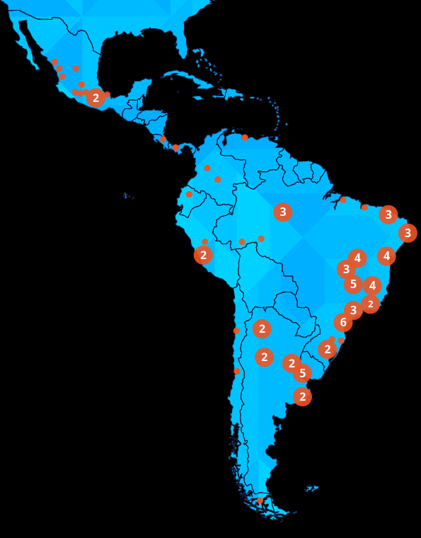 Qwilt and Cirion Edge Nodes Across Latin America (Encircled number denotes How Many Pops Are Deployed in each region)